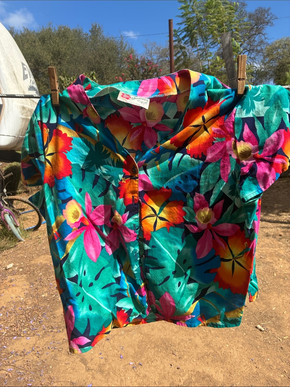 Hilo Hattie Teal Floral Button-Front Shirt with Pink & Orange Accents